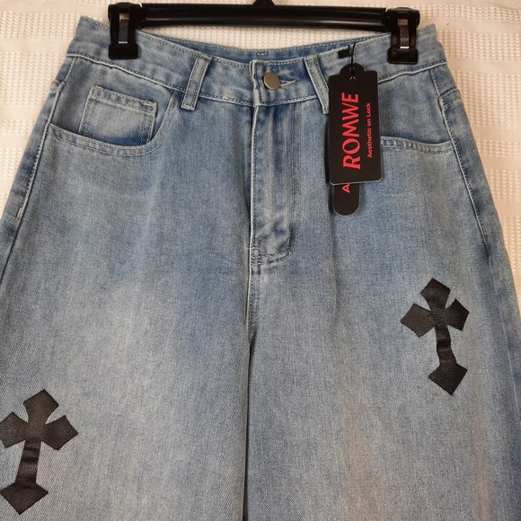 ROMWE WOMEN'S WIDE LEG JEANS GRUNGE PUNK PLUS CROSS FESTIVAL TRENDY S 36 EU - Picture 2 of 9